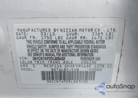 2013 Nissan Versa 1.6 Sv из США, поврежденный, VIN 3N1CN7AP2DL889432